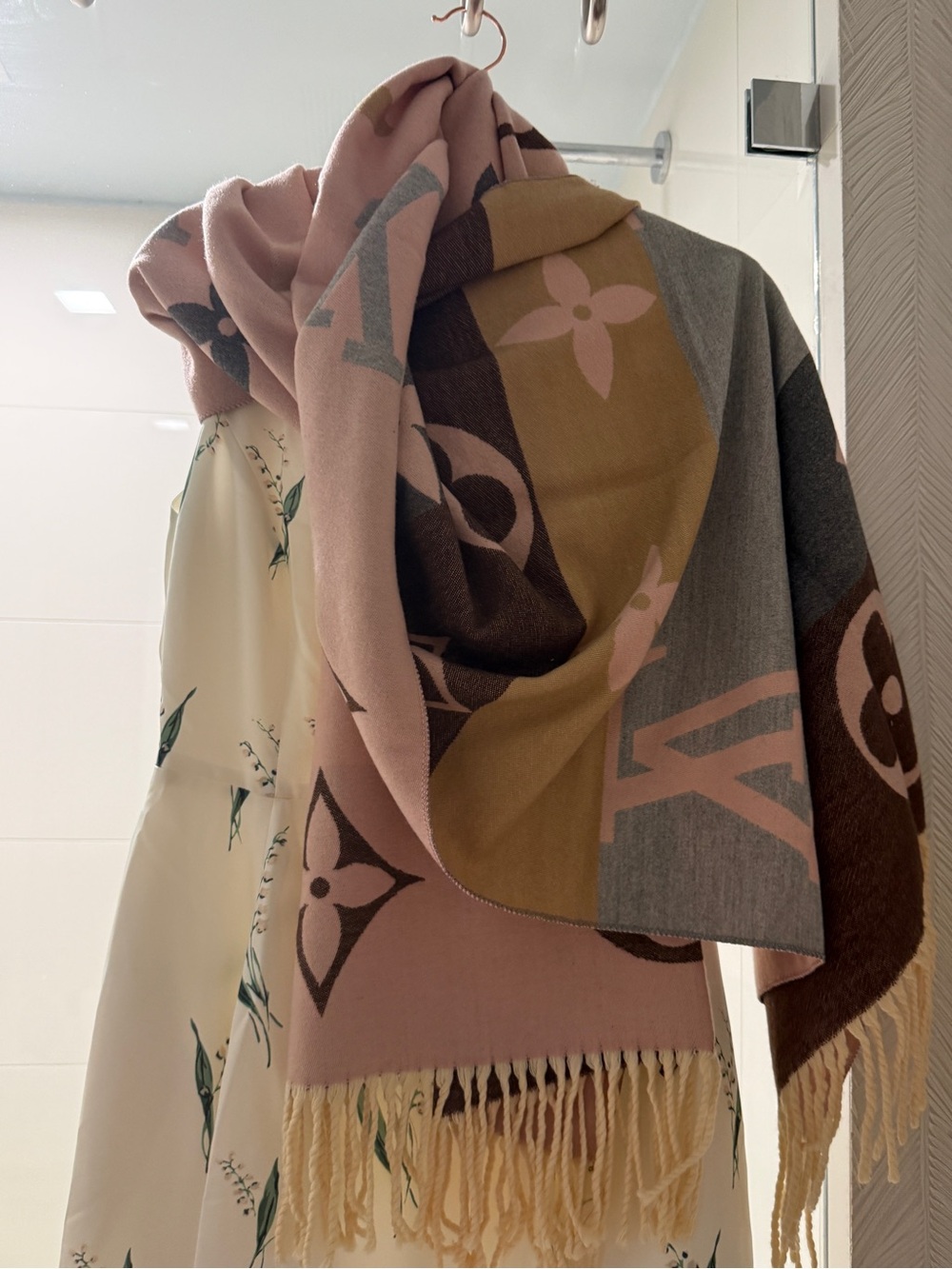 Pink Monogram Logo Fringe Scarf Shawl - Picture 6 of 8